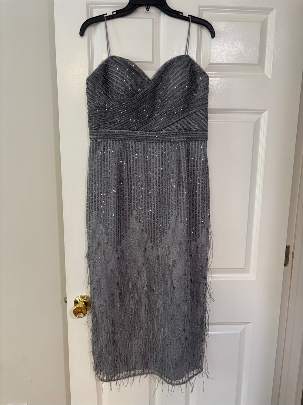 Aidan Mattox Gray Sequin Midi Dress with Feather Trim